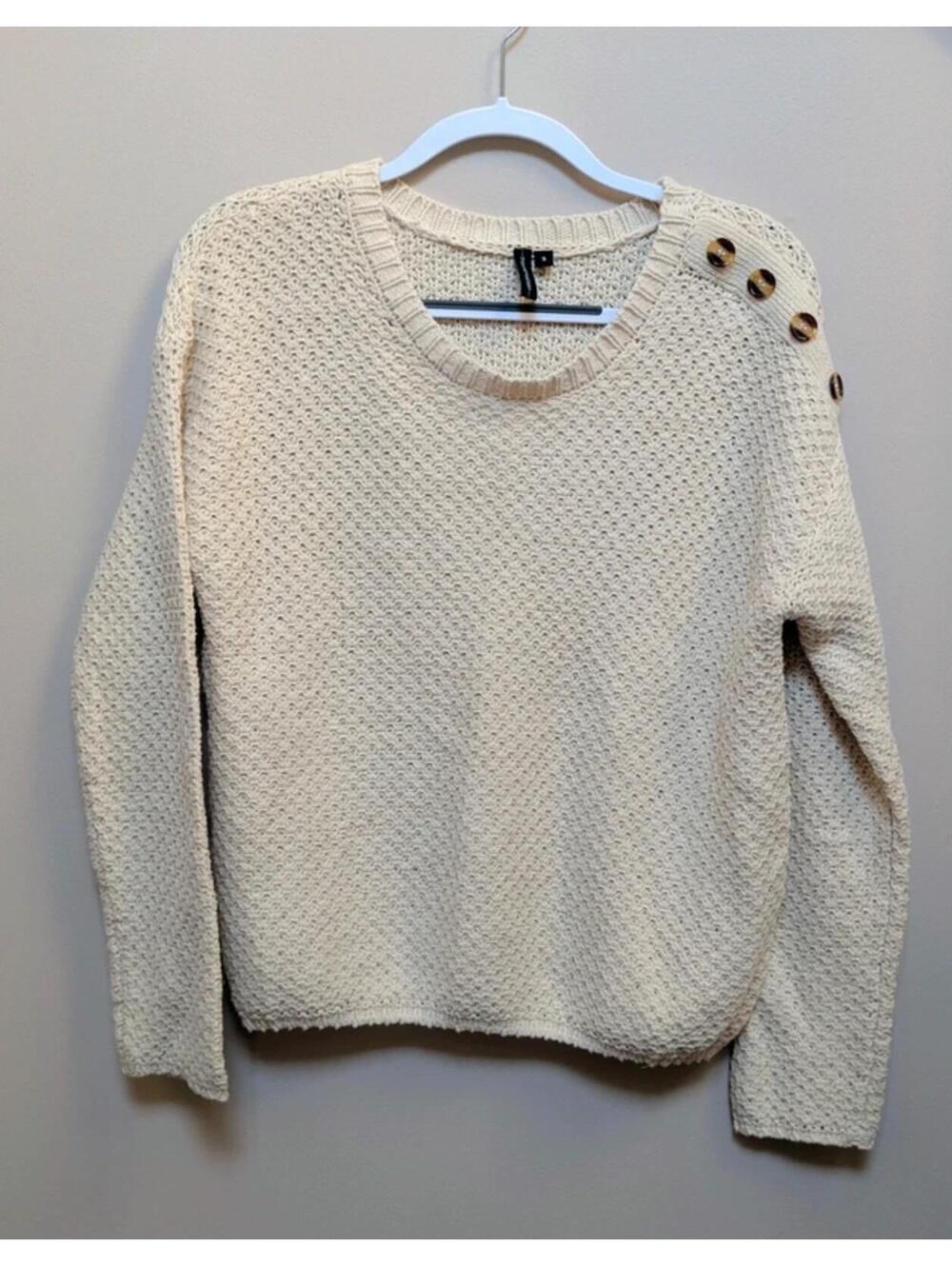 Cream Knit Sweater with Button Shoulder Detail Size S Cozy Neutral